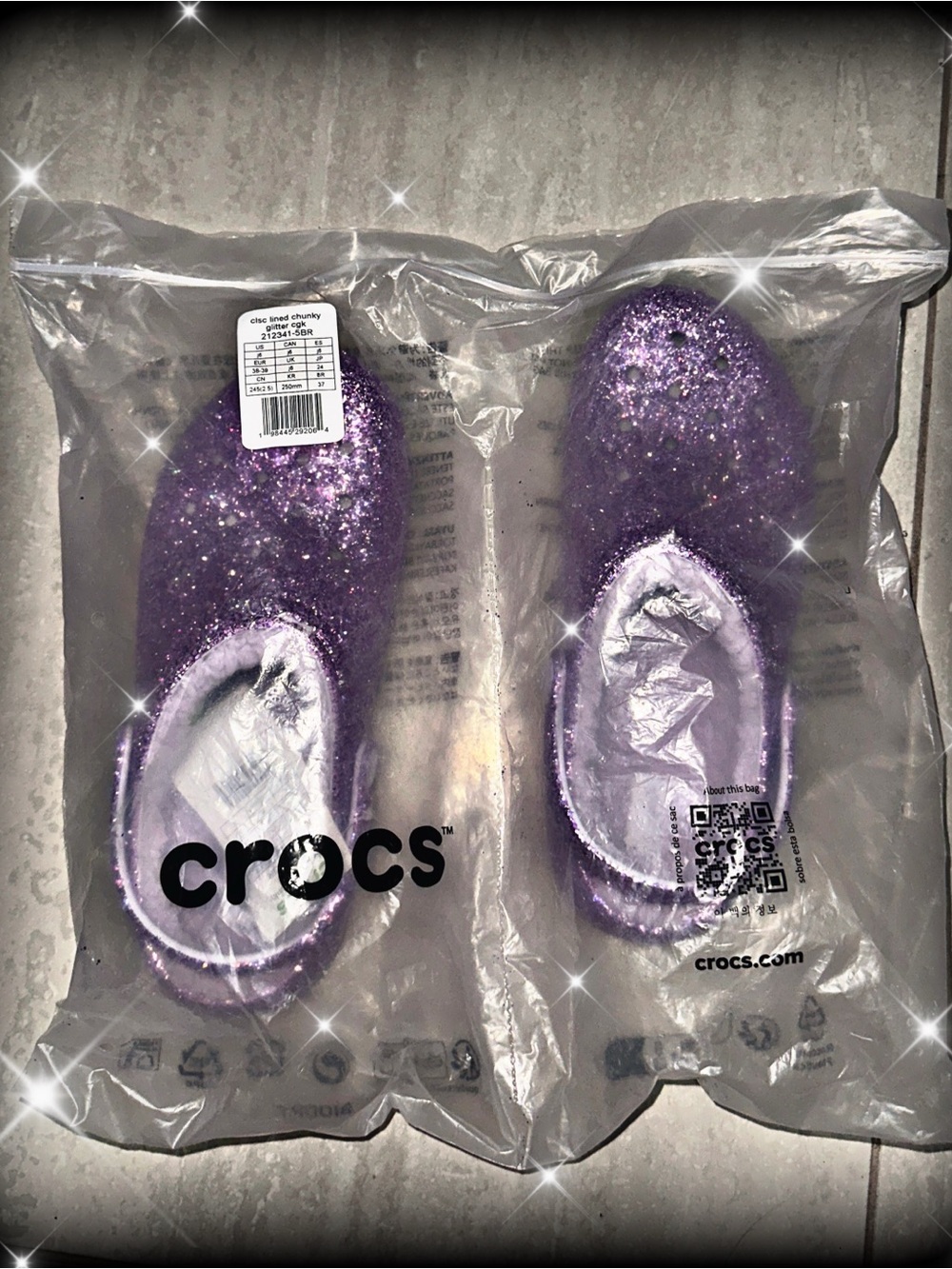 NWT CROCS Purple Glitter Classic Clogs big kids 6, women’s size 8